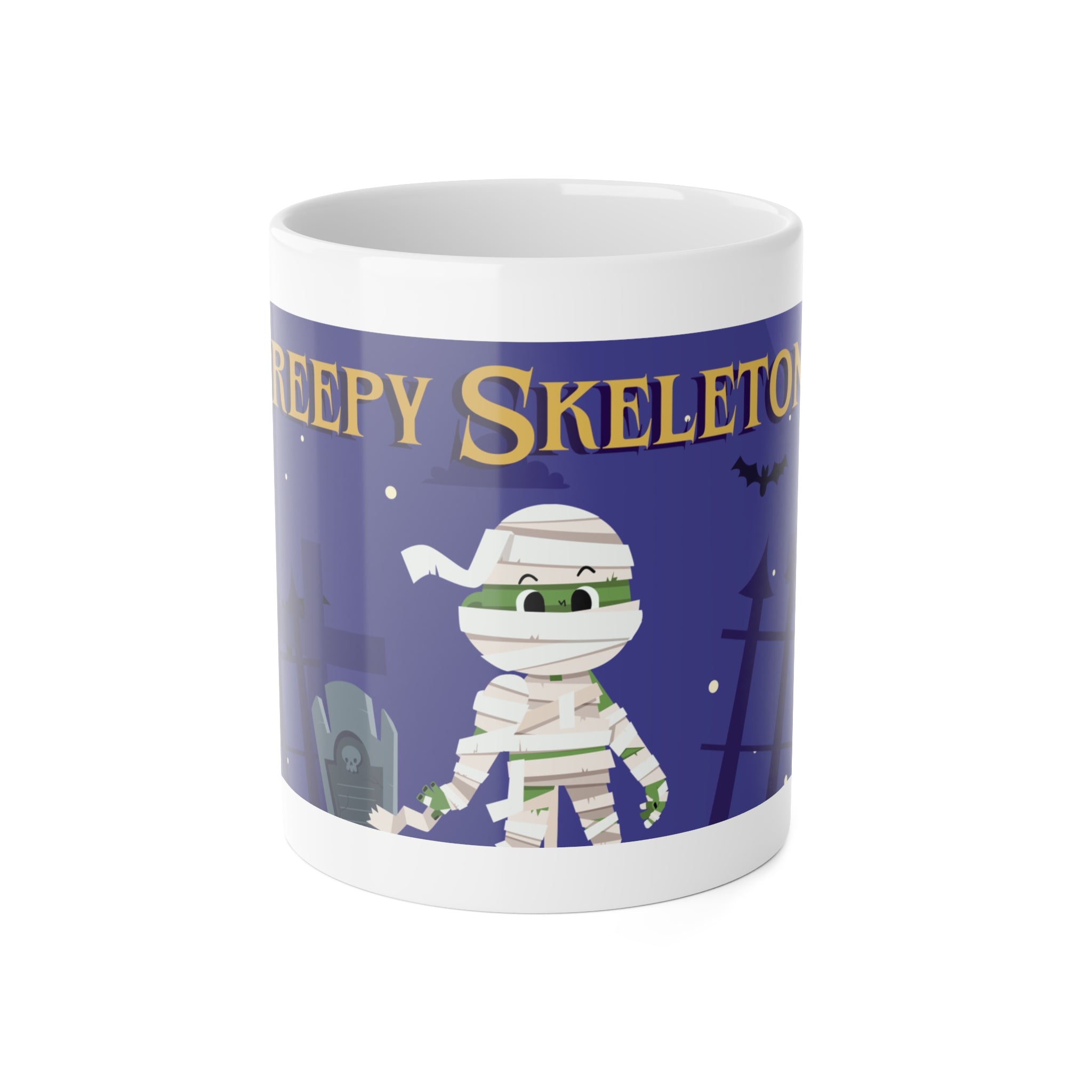 Creepy Skeletons and Mummy | Spooky Halloween Graveyard Scene | White Ceramic Mug